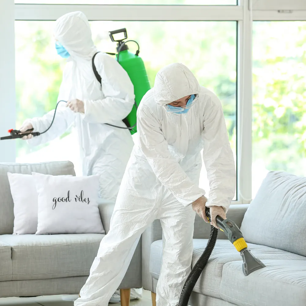 Techniciens Elite Nuisibles en combinaison traitant un salon